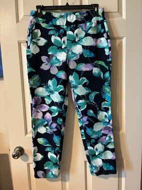 Soft Surroundings Navy Floral Capri Pants with Teal & Lavender Blooms